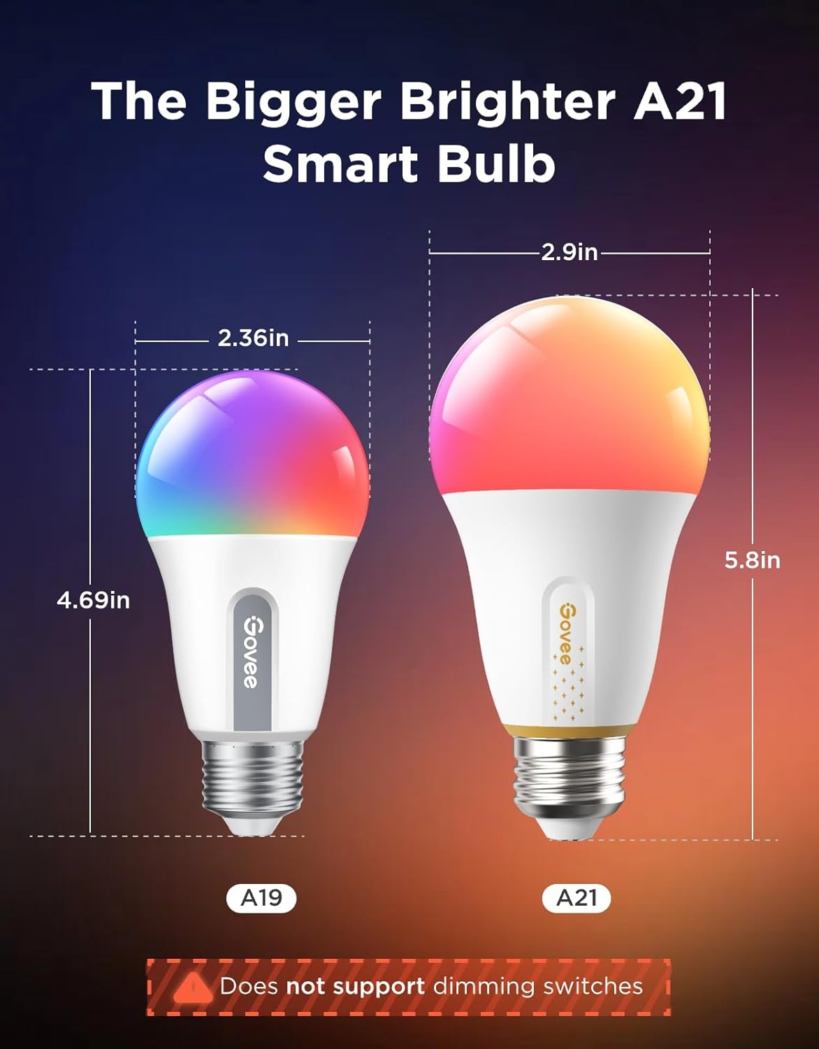 imageGovee 1600 Lumens Smart Light Bulbs A21 LED Bulbs 100W Equivalent for Living Room RGBWW Color Changing Light Bulbs Compatible with Matter Alexa amp SmartThings CRI 90 E26 Base 24GHz Only 2Pack