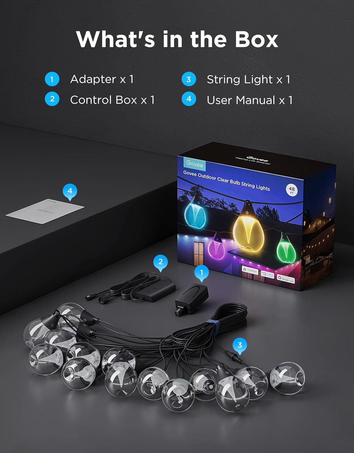 imageGovee Clear Bulb Outdoor String Lights 48ft RGBWIC Dimmable Patio amp Backyard Lights with 15 LED Bulbs 111 Modes IP67 Waterproof amp Shatterproof Works with Alexa Google amp Matter48ft