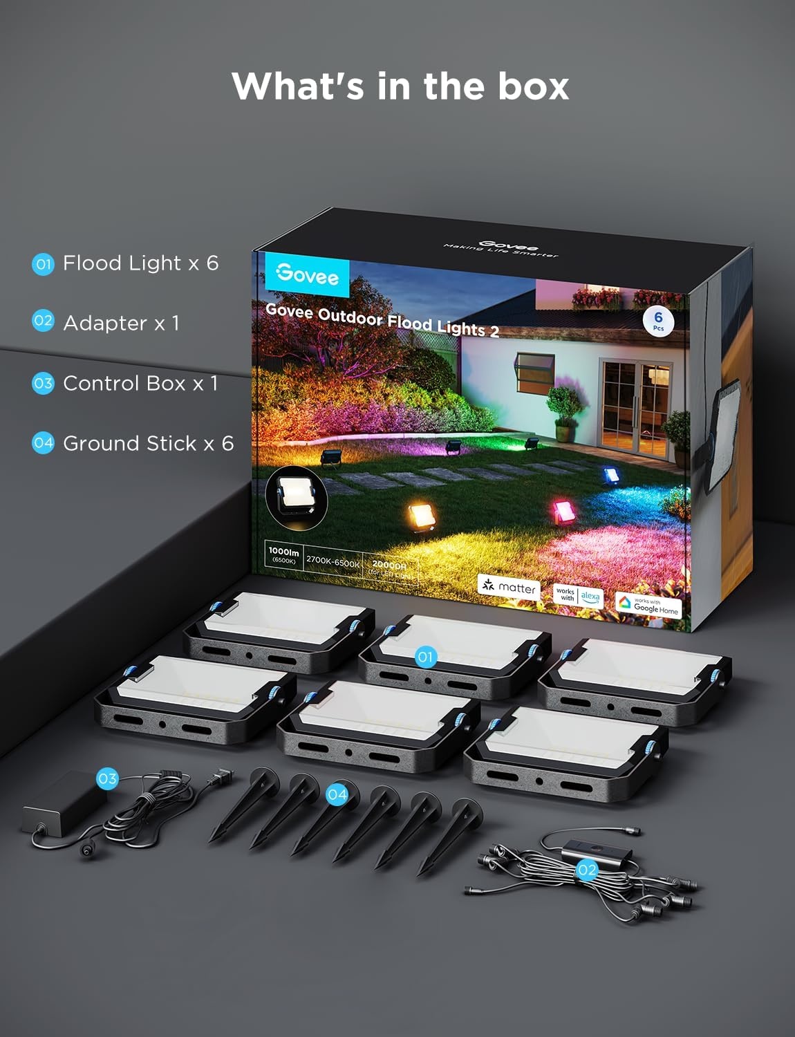 imageGovee Outdoor Flood Lights 2 RGBIC Warm Cold White LED Lights for Outdoor Decorations 50 Scene Modes Landscape Lighting Upgraded IP66 with App Control Wired 6 Pack6 pack