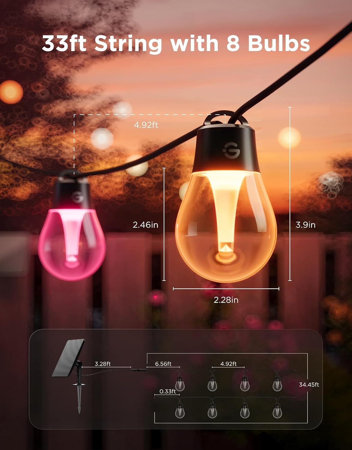 imageGovee Outdoor Solar String Lights 33ft RGBICW Outdoor Lights with 8 Dimmable LED Shatterproof Bulbs 112 Modes amp APP Control IP67 Waterproof Patio Lights for Garden Backyard Camping Bluetooth