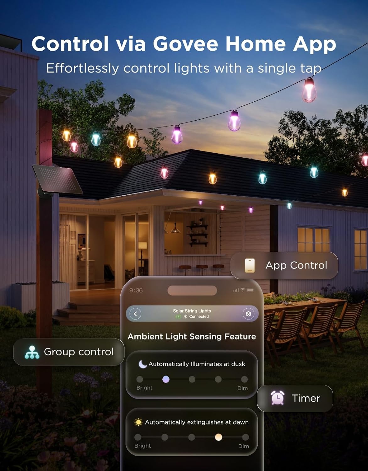 imageGovee Outdoor Solar String Lights 33ft RGBICW Outdoor Lights with 8 Dimmable LED Shatterproof Bulbs 112 Modes amp APP Control IP67 Waterproof Patio Lights for Garden Backyard Camping Bluetooth