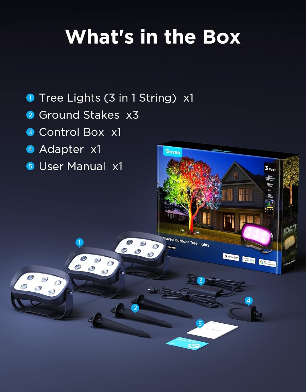 imageGovee Outdoor Tree Lights 3Pack RGBWIC LED Landscape Lighting Outdoor Lights for Yard Garden Patio 66 Scene Modes for Holiday Party and Event App Control Google Assistant Matter