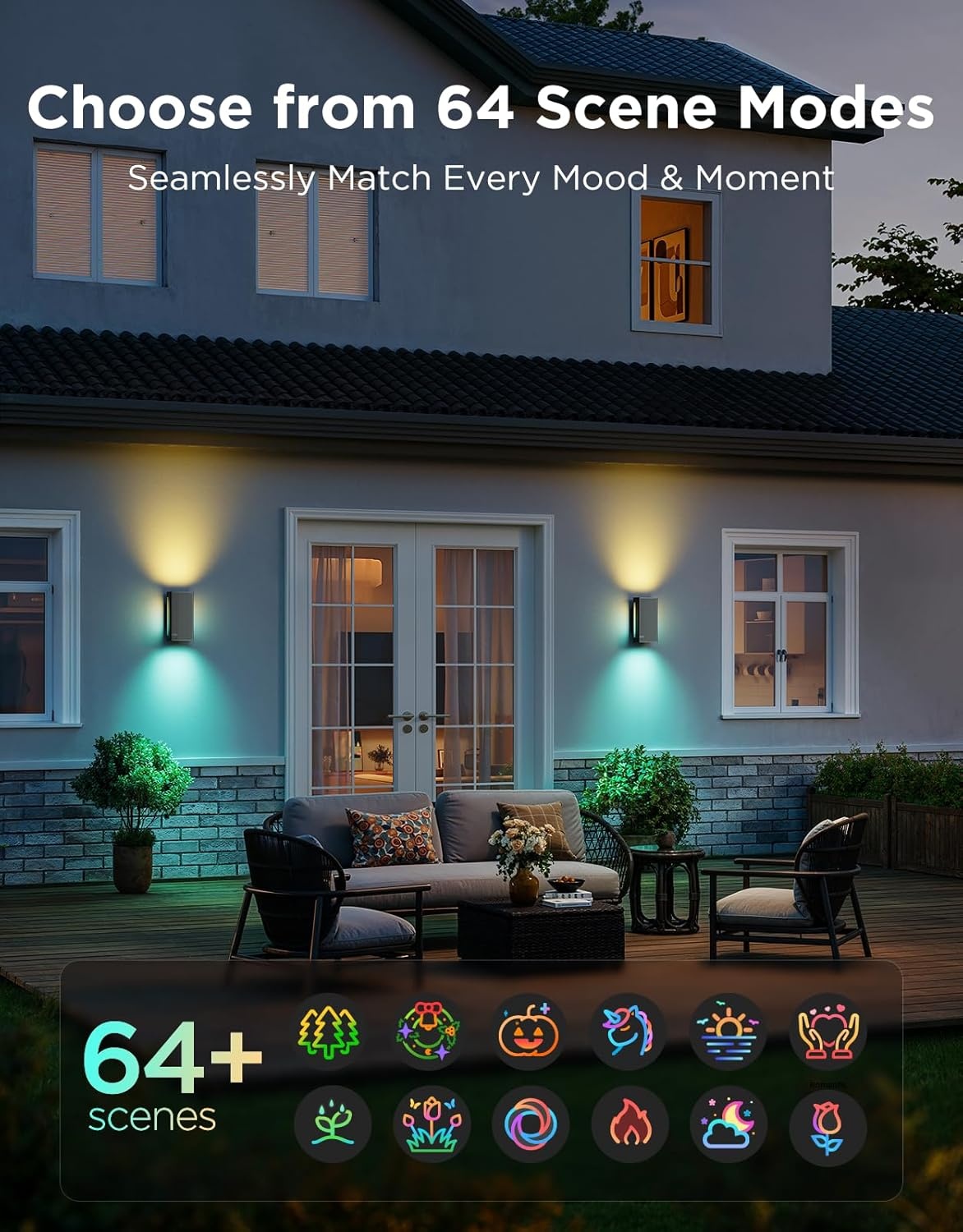 imageGovee Outdoor UpDown Wall Light 2 Pack 1200LM RGBICWW Smart Porch Lights Outdoor with 64 Scene Modes IP66 Waterproof Wall Sconce for Outdoor Decor Works with Alexa Google Assistant and Matter1