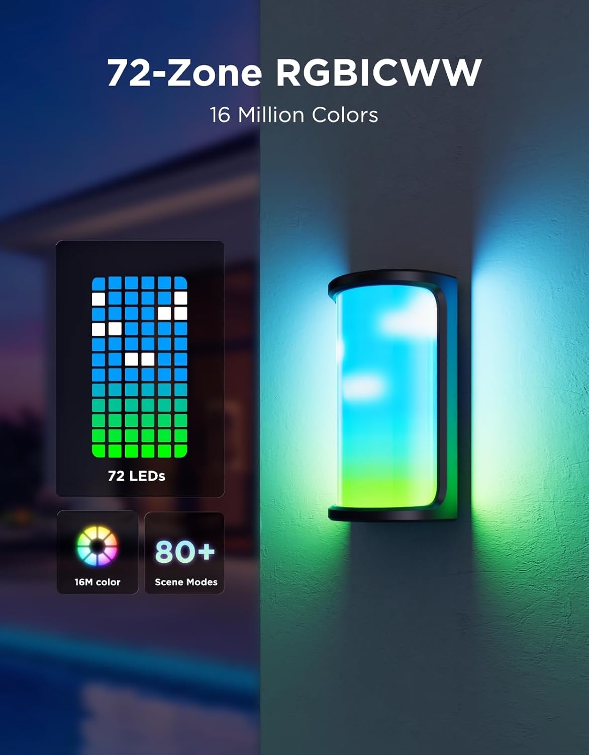 imageGovee Outdoor Wall Lights Pro 2 Pack 2000LM RGBICWW 72Zone Customization MusicSync IP67 Waterproof for Outdoor Decor Porch Garage Yard Patio Compatible with Alexa Google Home and Matter