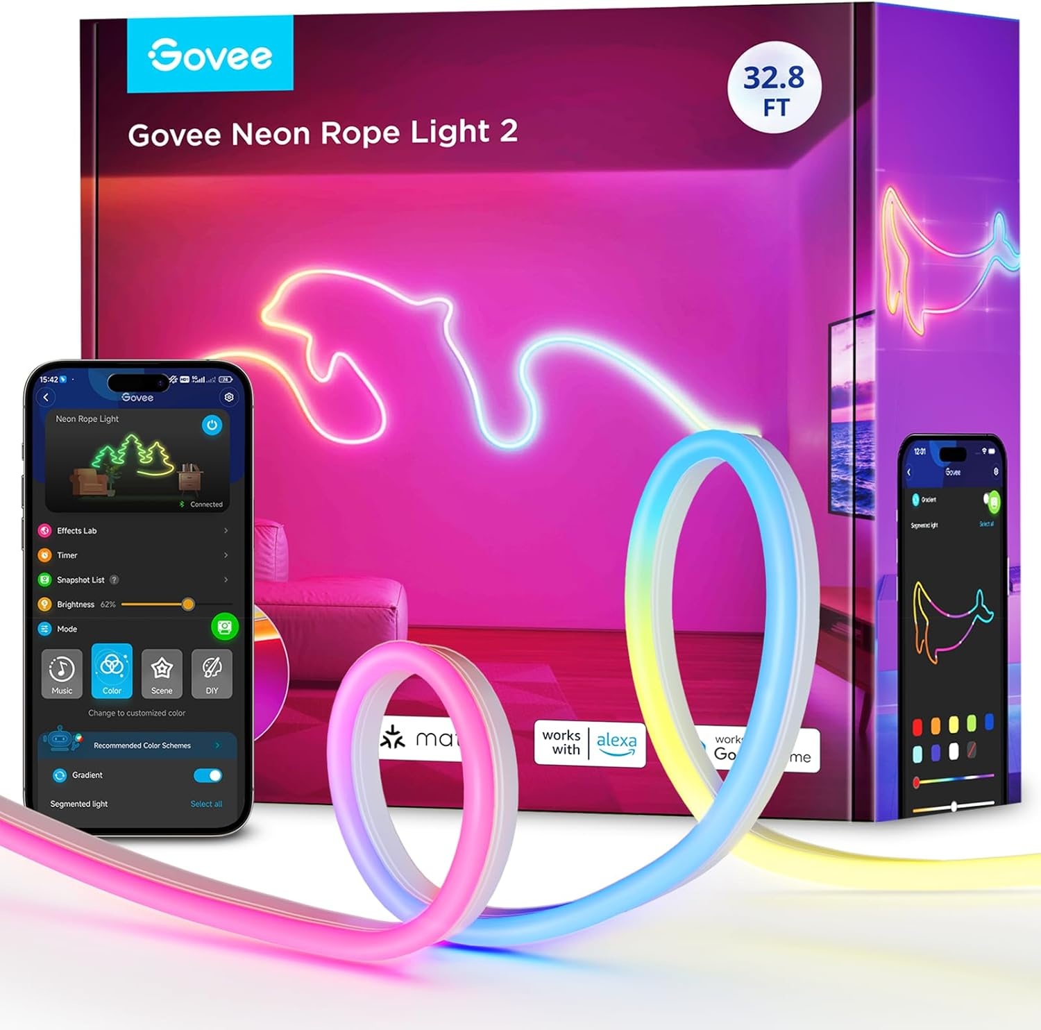 imageGovee RGBIC Neon Lights LED Smart Neon Rope Light 2 Works with Matter Alexa Google Assistant Custom DIY Neon Strip Lights for Bedroom and Wall Decor Softer Material 164ft WhiteWhite