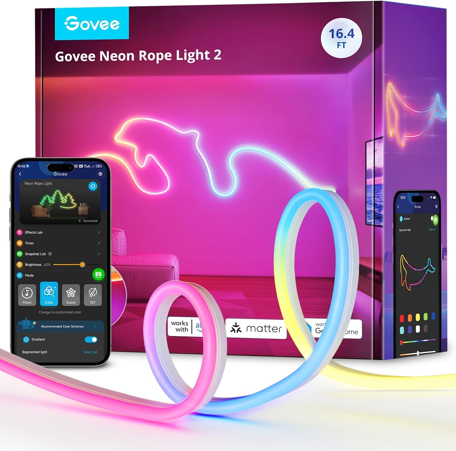 imageGovee RGBIC Neon Lights LED Smart Neon Rope Light 2 Works with Matter Alexa Google Assistant Custom DIY Neon Strip Lights for Bedroom and Wall Decor Softer Material 164ft WhiteWhite
