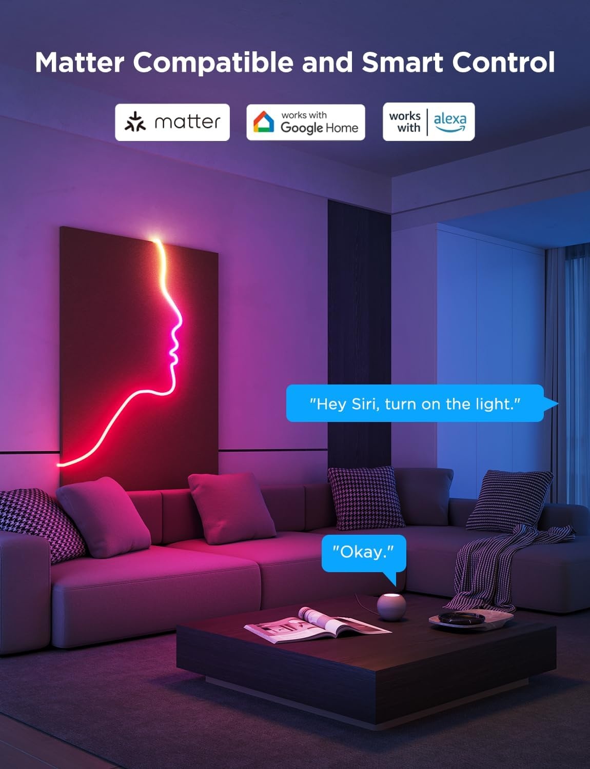 imageGovee RGBIC Neon Lights LED Smart Neon Rope Light 2 Works with Matter Alexa Google Assistant Custom DIY Neon Strip Lights for Bedroom and Wall Decor Softer Material 164ft WhiteWhite