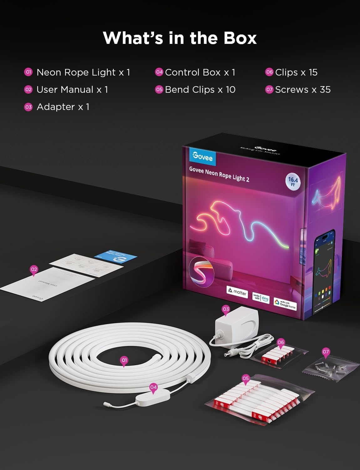 imageGovee RGBIC Neon Lights LED Smart Neon Rope Light 2 Works with Matter Alexa Google Assistant Custom DIY Neon Strip Lights for Bedroom and Wall Decor Softer Material 164ft WhiteWhite