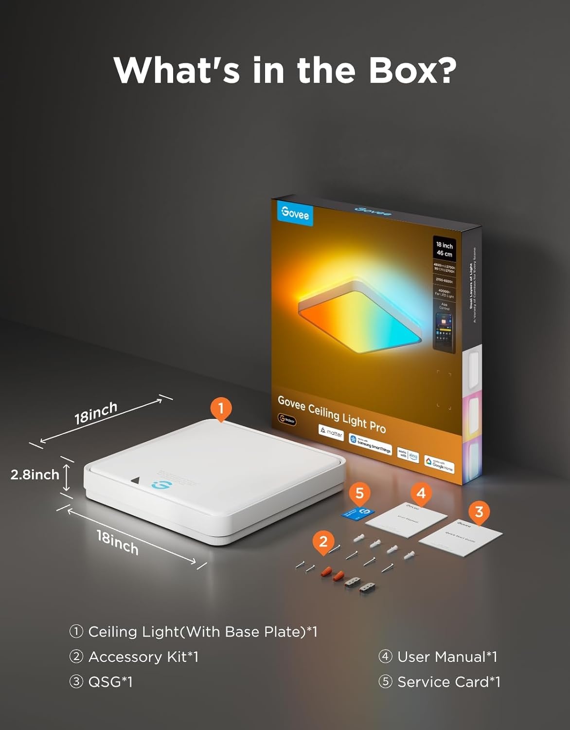 imageGovee Smart Ceiling Light Pro 18 Inch 4800LM RGBICWW LED Ceiling Light Fixture Flush Mount Light Fixture DIY Colors Works with Alexa Matter 2700K6500K Lights for Living Room Bedroom 1 PackSquare