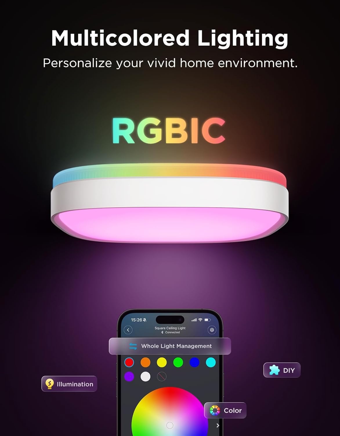 imageGovee Smart Ceiling Light Pro 18 Inch 4800LM RGBICWW LED Ceiling Light Fixture Flush Mount Light Fixture DIY Colors Works with Alexa Matter 2700K6500K Lights for Living Room Bedroom 1 PackSquare