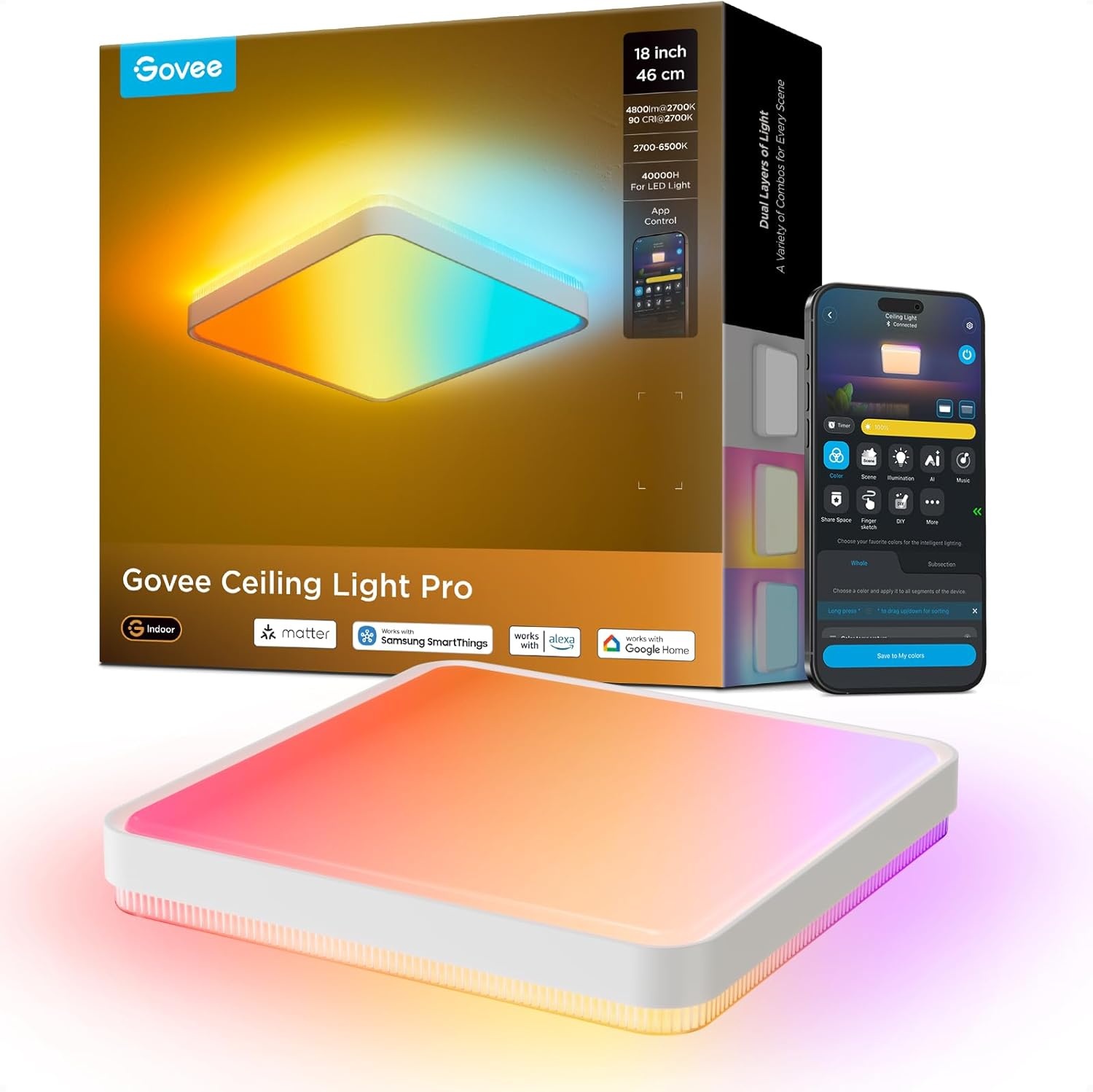 imageGovee Smart Ceiling Light Pro 18 Inch 4800LM RGBICWW LED Ceiling Light Fixture Flush Mount Light Fixture DIY Colors Works with Alexa Matter 2700K6500K Lights for Living Room Bedroom 1 PackSquare
