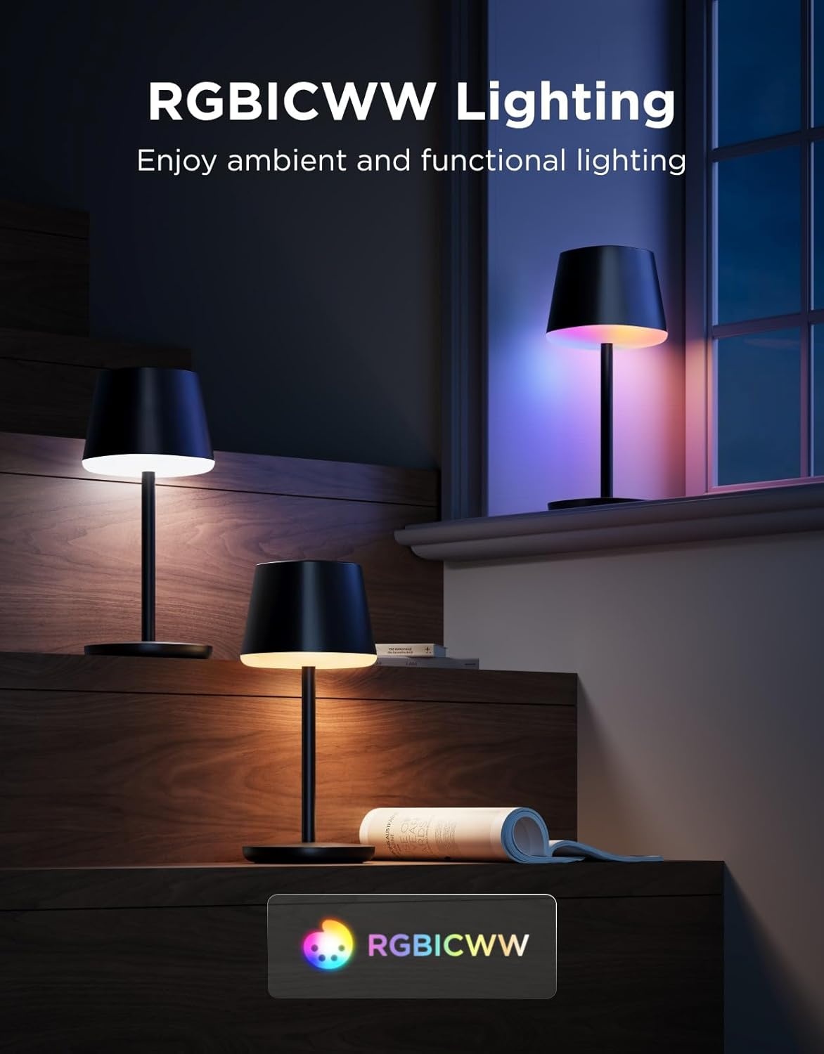 imageGovee Smart Cordless Table Lamp Classic No Adapter RGBIC Rechargeable Table Lamp for Bedroom Living Room Portable Desk Lamp Works with Matter LED Bedside Lamp with 72 Scenes Modes Timer 500lm