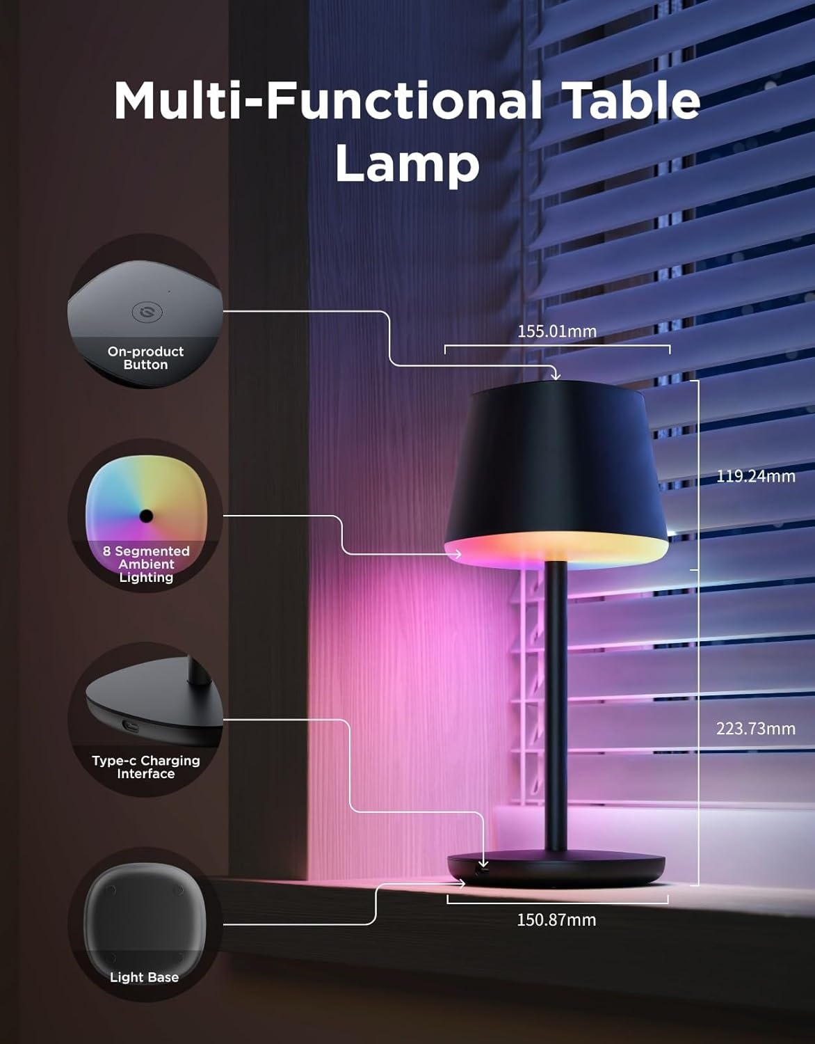 imageGovee Smart Cordless Table Lamp Classic No Adapter RGBIC Rechargeable Table Lamp for Bedroom Living Room Portable Desk Lamp Works with Matter LED Bedside Lamp with 72 Scenes Modes Timer 500lm