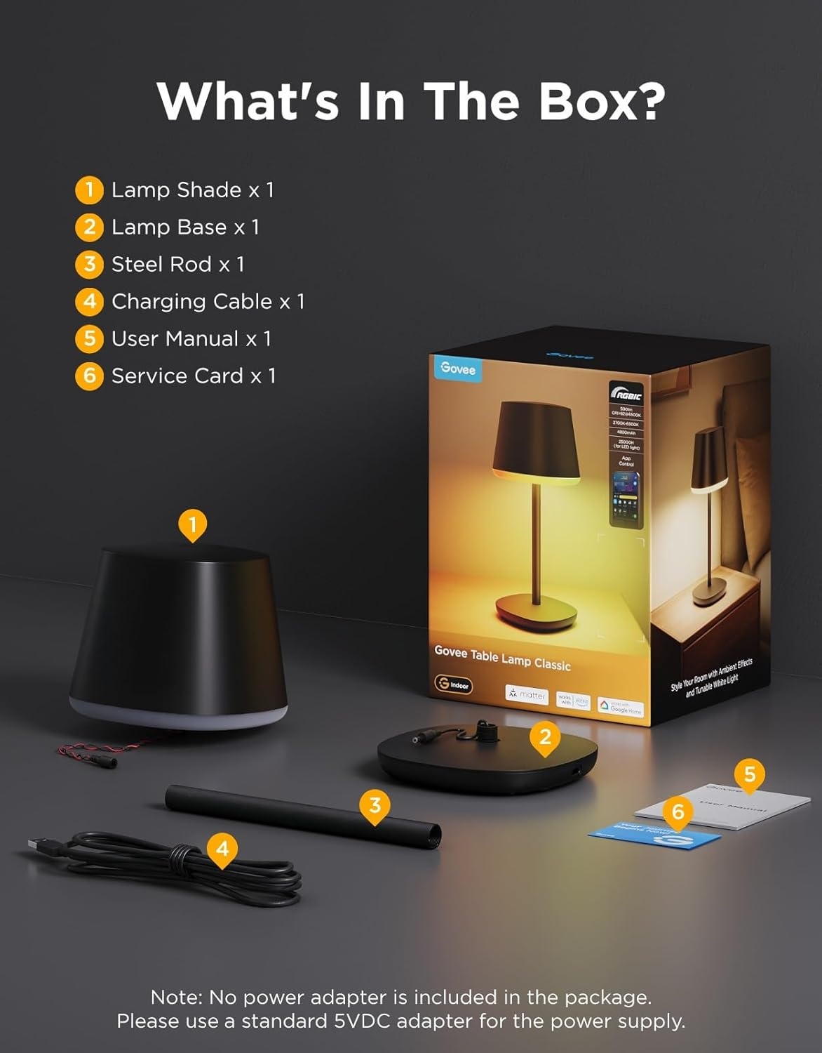 imageGovee Smart Cordless Table Lamp Classic No Adapter RGBIC Rechargeable Table Lamp for Bedroom Living Room Portable Desk Lamp Works with Matter LED Bedside Lamp with 72 Scenes Modes Timer 500lm