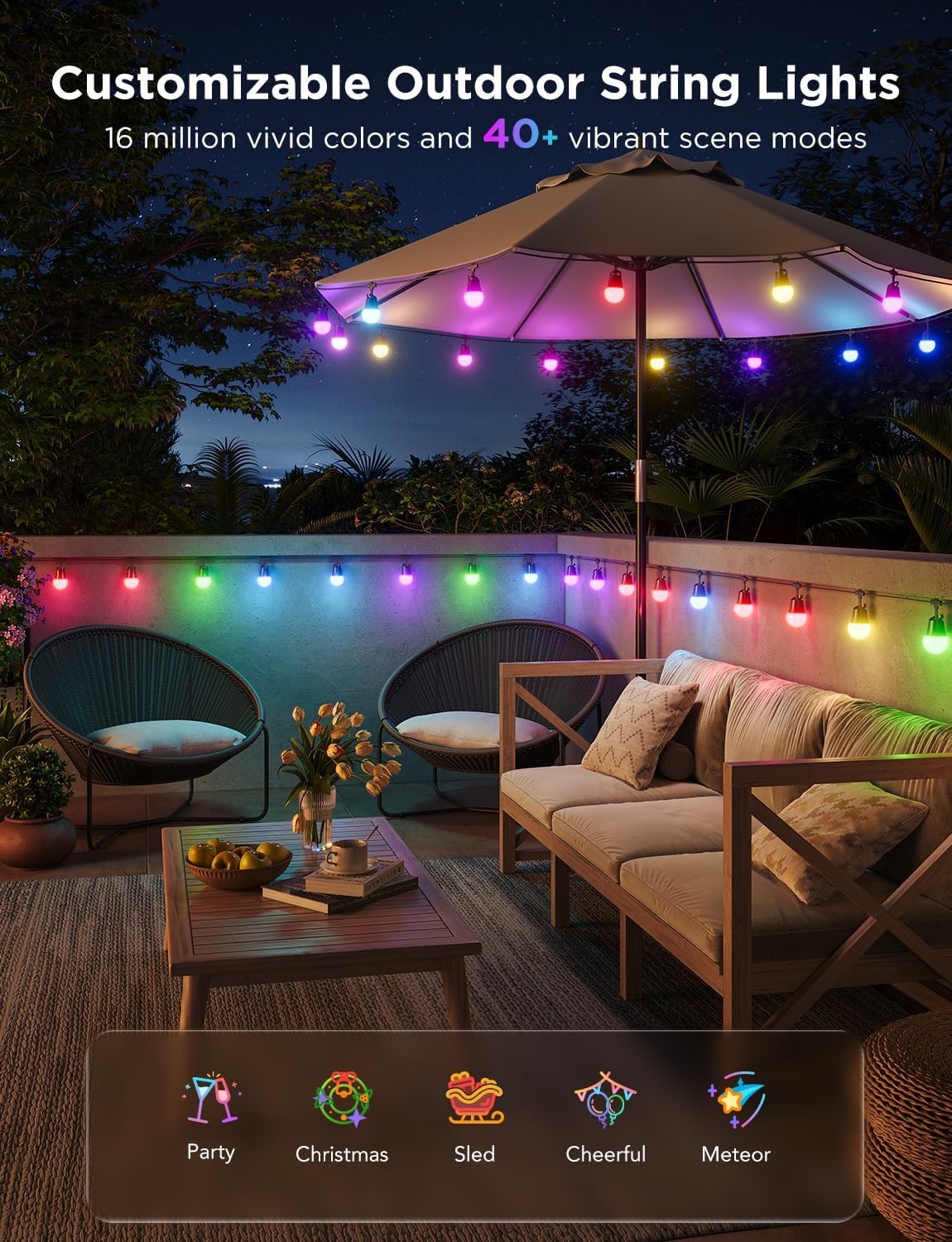imageGovee Smart Outdoor String Lights 2 144ft Outdoor Lights with Dimmable Warm White LED Bulbs 47 Scene Modes for Patio Backyard Balcony IP65 Waterproof Works with Alexa App Control48ft