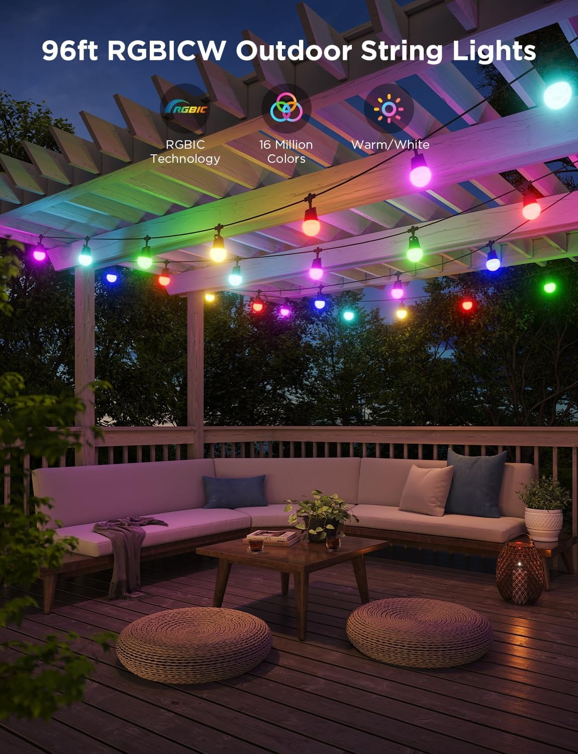 imageGovee Smart Outdoor String Lights 2 144ft Outdoor Lights with Dimmable Warm White LED Bulbs 47 Scene Modes for Patio Backyard Balcony IP65 Waterproof Works with Alexa App Control96ft