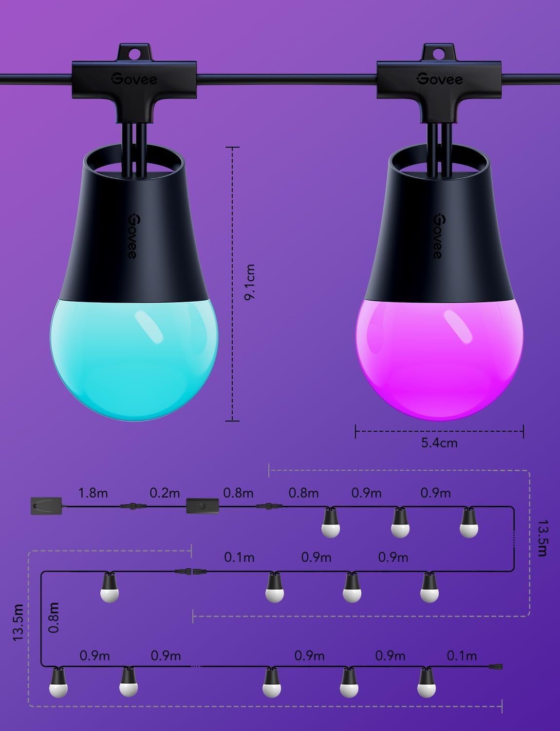 imageGovee Smart Outdoor String Lights 2 144ft Outdoor Lights with Dimmable Warm White LED Bulbs 47 Scene Modes for Patio Backyard Balcony IP65 Waterproof Works with Alexa App Control96ft