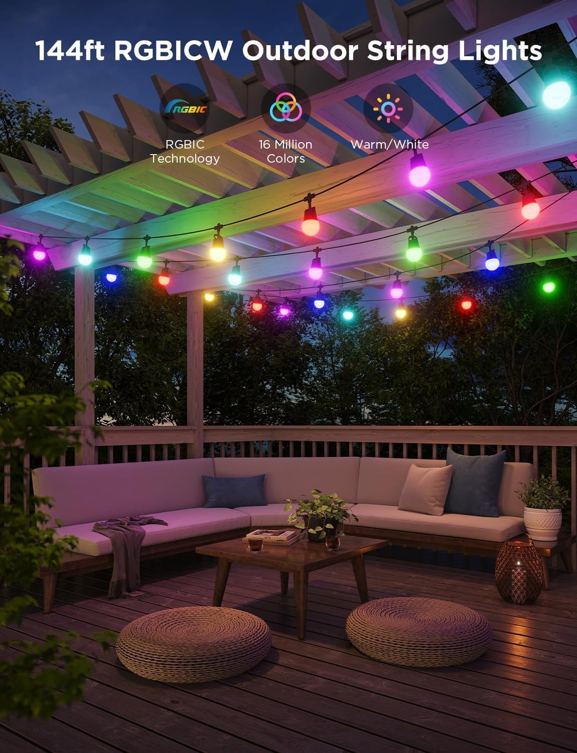 imageGovee Smart Outdoor String Lights 2 144ft Outdoor Lights with Dimmable Warm White LED Bulbs 47 Scene Modes for Patio Backyard Balcony IP65 Waterproof Works with Alexa App Control144ft