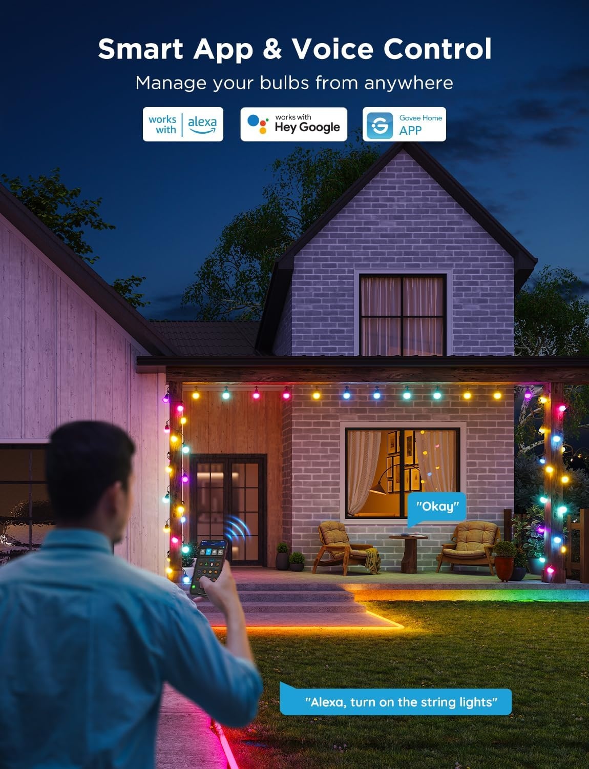 imageGovee Smart Outdoor String Lights 2 144ft Outdoor Lights with Dimmable Warm White LED Bulbs 47 Scene Modes for Patio Backyard Balcony IP65 Waterproof Works with Alexa App Control48ft
