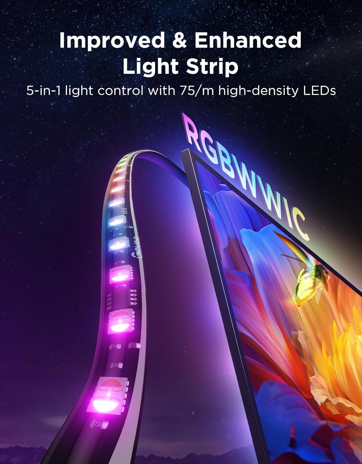 imageGovee TV Backlight 3 Pro with HDR Triple Camera 164ft 5in1 RGBWWIC LED Strip Lights That Change with 7585 Inch TVs 75LEDsm Supports AI Filter Smart App and Voice Control DreamView Sync164FT for 7585 TV