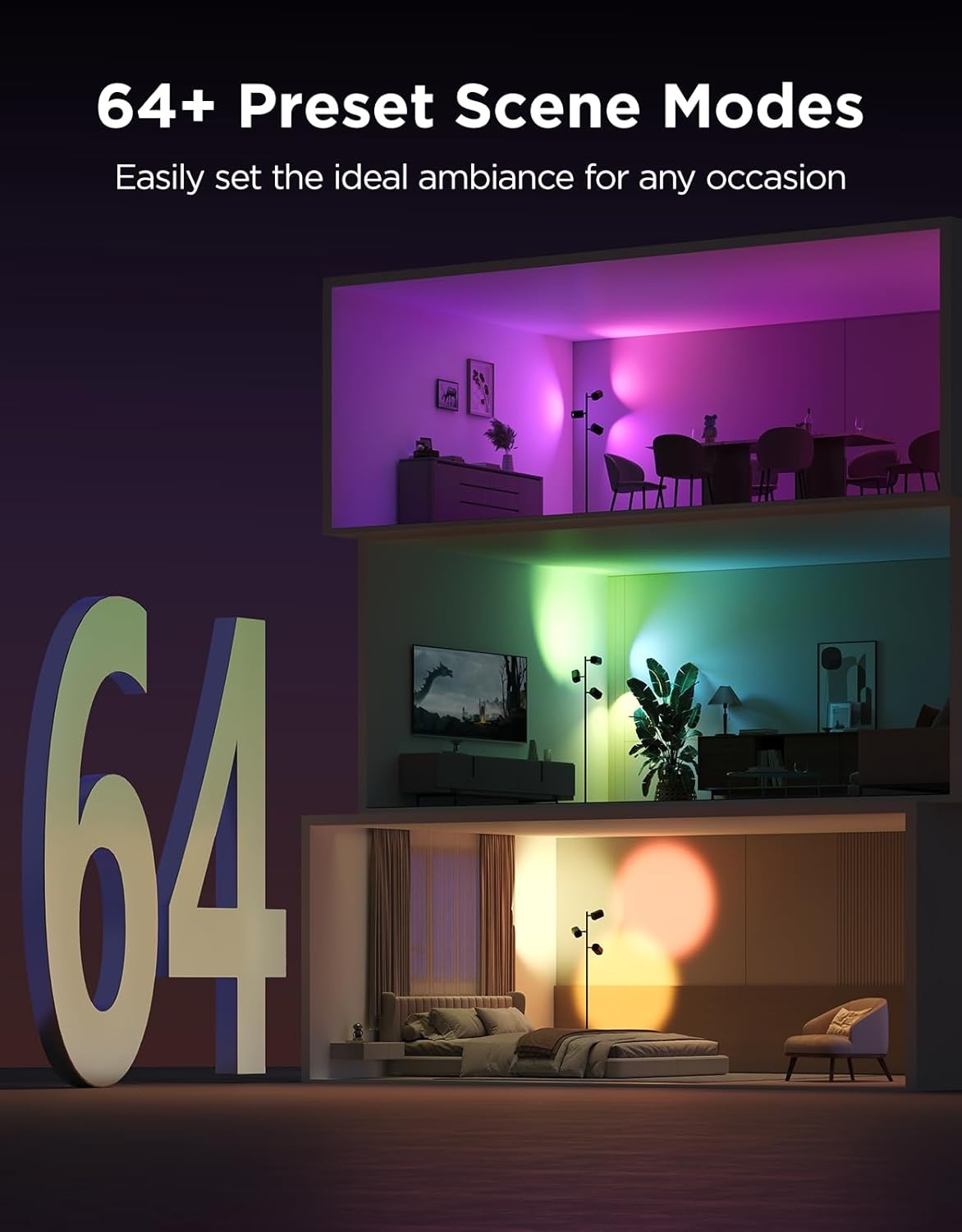 imageGovee Tree Floor Lamp Compatible with Matter 3 Rotatable Lights with LuminBlend Technology Standing Lamp with 64 Dynamic Scenes Music Sync Ideal Floor Lamp for Living Room Bedroom Office