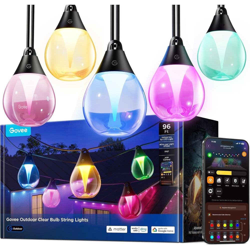 imageGovee Clear Bulb Outdoor String Lights 48ft RGBWIC Dimmable Patio amp Backyard Lights with 15 LED Bulbs 111 Modes IP67 Waterproof amp Shatterproof Works with Alexa Google amp Matter96ft