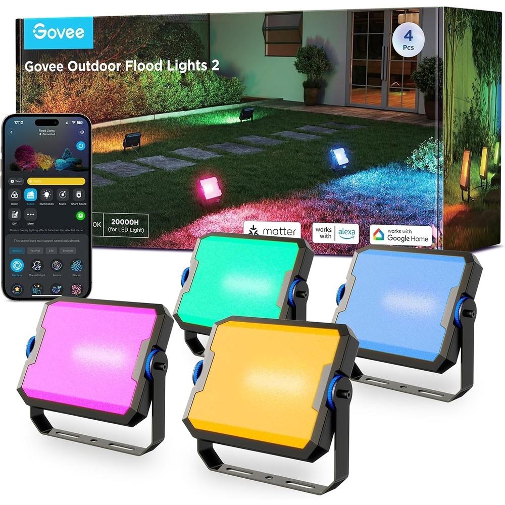 imageGovee Outdoor Flood Lights 2 RGBIC Warm Cold White LED Lights for Outdoor Decorations 50 Scene Modes Landscape Lighting Upgraded IP66 with App Control Wired 6 Pack4 pack