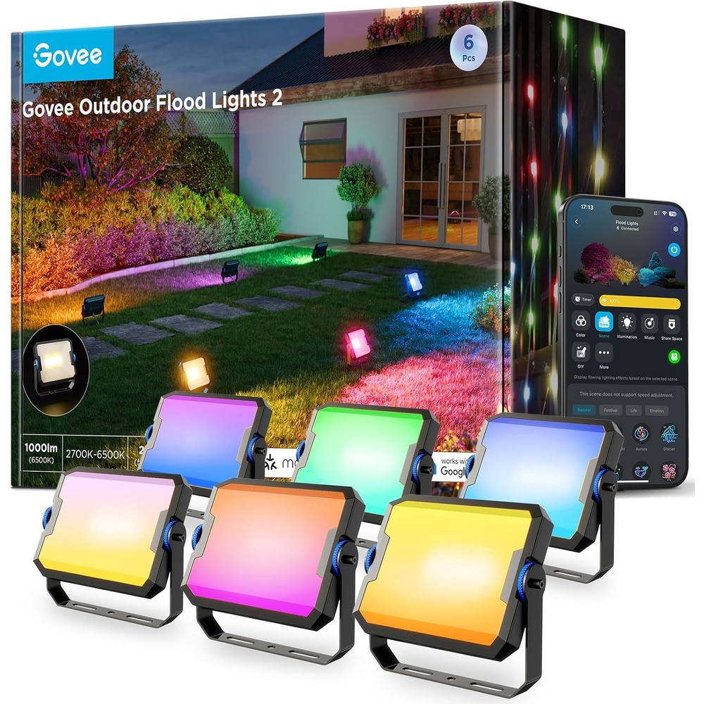imageGovee Outdoor Flood Lights 2 RGBIC Warm Cold White LED Lights for Outdoor Decorations 50 Scene Modes Landscape Lighting Upgraded IP66 with App Control Wired 6 Pack6 pack