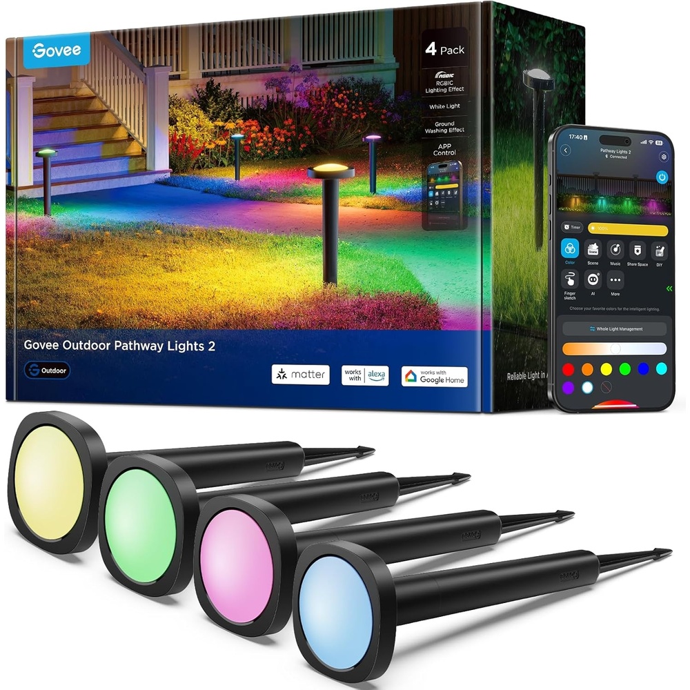 imageGovee Outdoor Pathway Lights 2 IP66 Waterproof Patio Lights 60 Scene Modes Landscape Lighting for Yard Garage Garden Lawn Outdoor Decor Works with Alexa Google Assistant Matter Wired 4 Pack