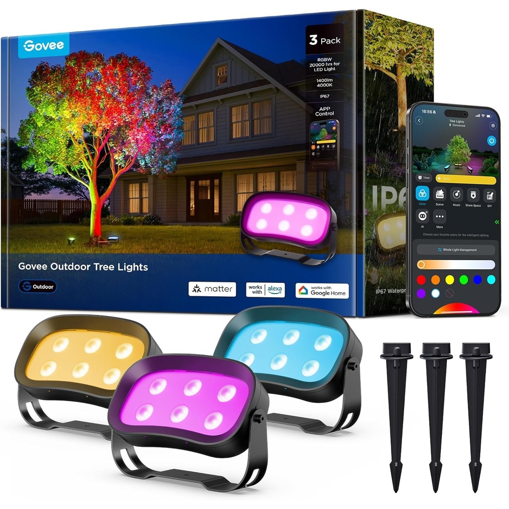 imageGovee Outdoor Tree Lights 3Pack RGBWIC LED Landscape Lighting Outdoor Lights for Yard Garden Patio 66 Scene Modes for Holiday Party and Event App Control Google Assistant Matter