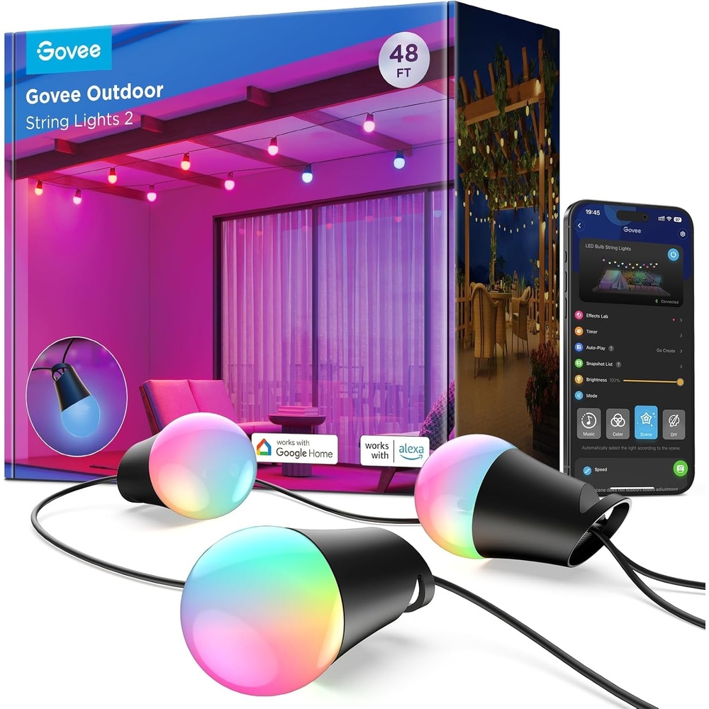 imageGovee Smart Outdoor String Lights 2 144ft Outdoor Lights with Dimmable Warm White LED Bulbs 47 Scene Modes for Patio Backyard Balcony IP65 Waterproof Works with Alexa App Control48ft