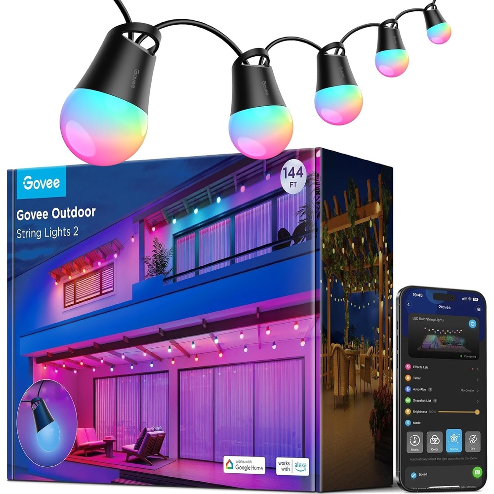 imageGovee Smart Outdoor String Lights 2 144ft Outdoor Lights with Dimmable Warm White LED Bulbs 47 Scene Modes for Patio Backyard Balcony IP65 Waterproof Works with Alexa App Control144ft