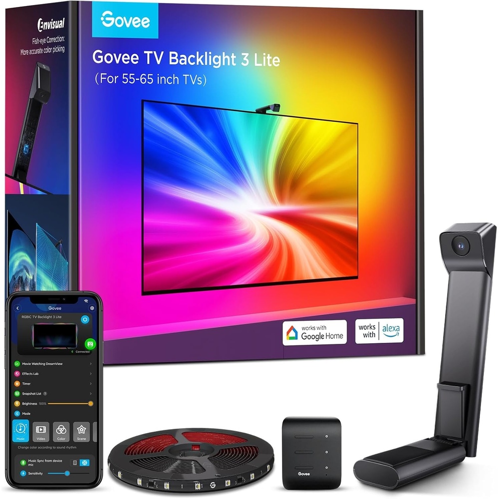imageGovee TV Backlight 3 Lite with FishEye Correction Function Sync to 5565 Inch TVs 118ft RGBICW WiFi LED Strip Lights with Camera 4 Colors in 1 Lamp Bead Voice and APP Control Adapter118FT for 5565 TV