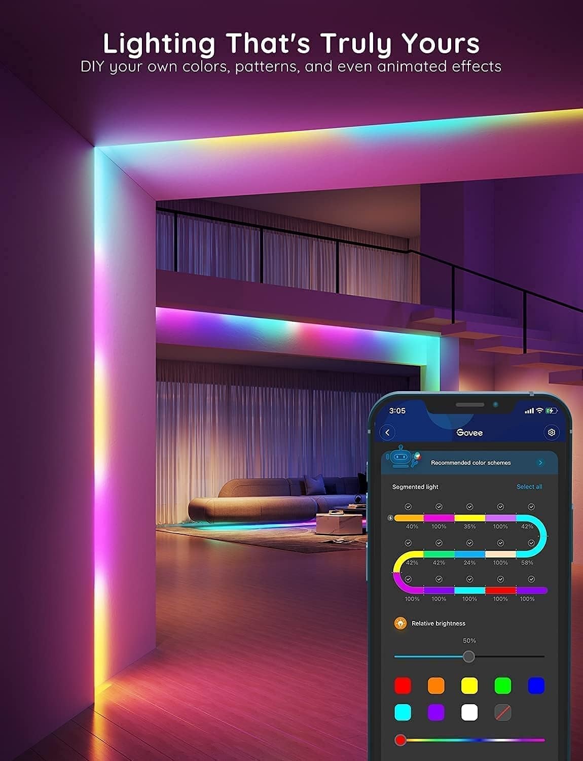 imageGovee 100ft RGBIC LED Strip Lights Smart LED Lights Work with Alexa and Google Assistant LED Lights for Bedroom WiFi App Control Segmented DIY Multiple Colors Color Changing Light 2 x 50ft656ft