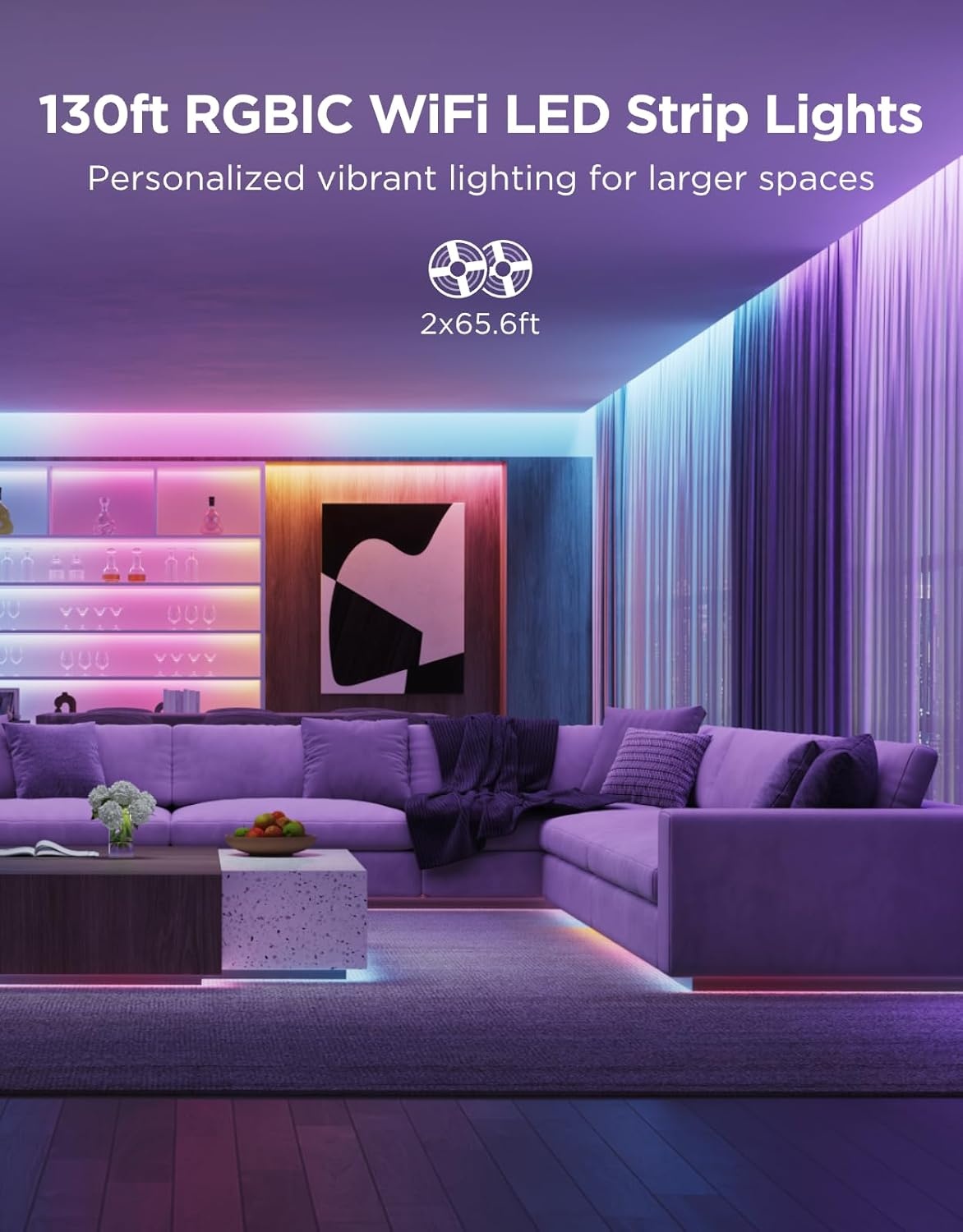 imageGovee 100ft RGBIC LED Strip Lights Smart LED Lights Work with Alexa and Google Assistant LED Lights for Bedroom WiFi App Control Segmented DIY Multiple Colors Color Changing Light 2 x 50ft1312ft