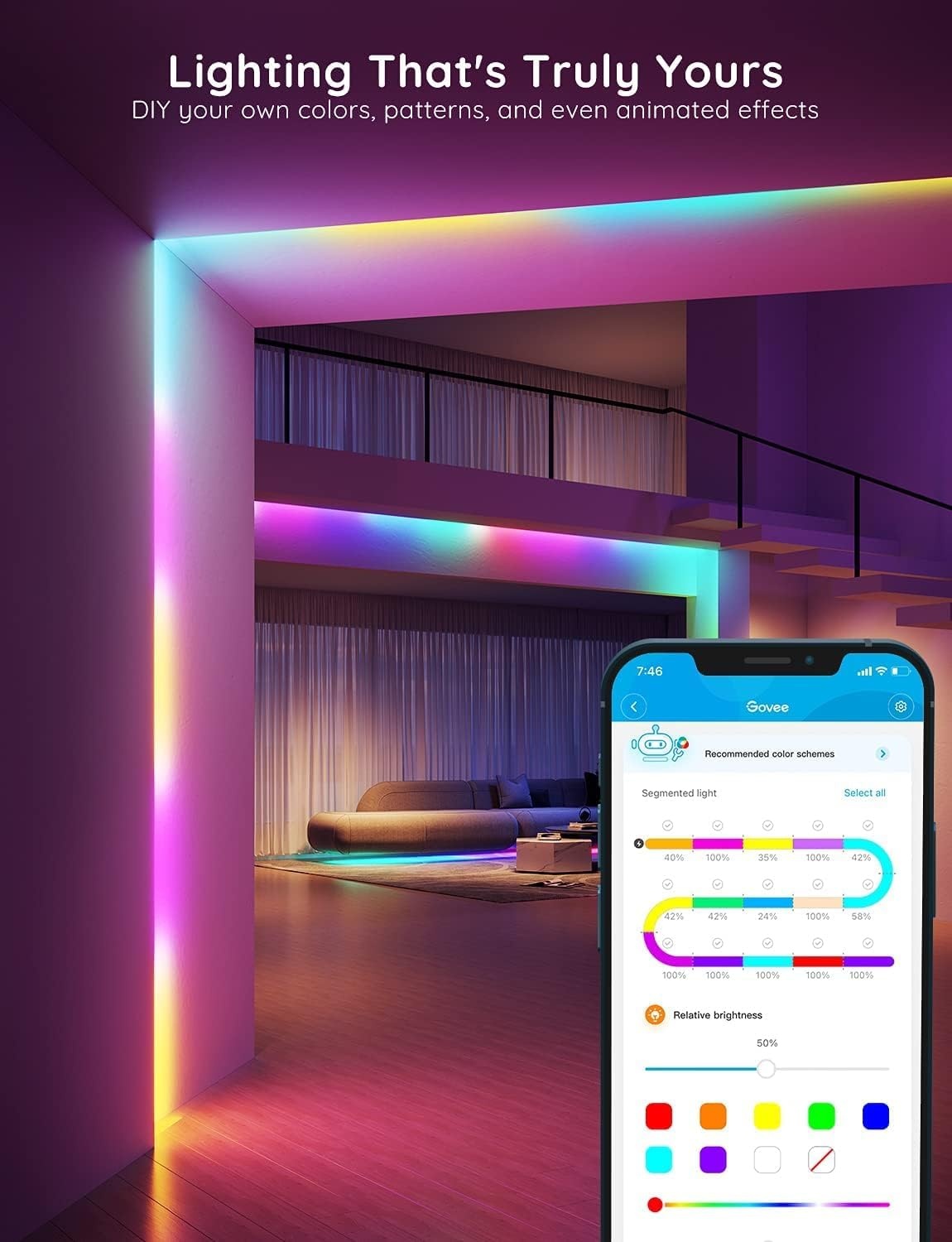 imageGovee 100ft RGBIC LED Strip Lights Smart LED Lights Work with Alexa and Google Assistant LED Lights for Bedroom WiFi App Control Segmented DIY Multiple Colors Color Changing Light 2 x 50ft164ft