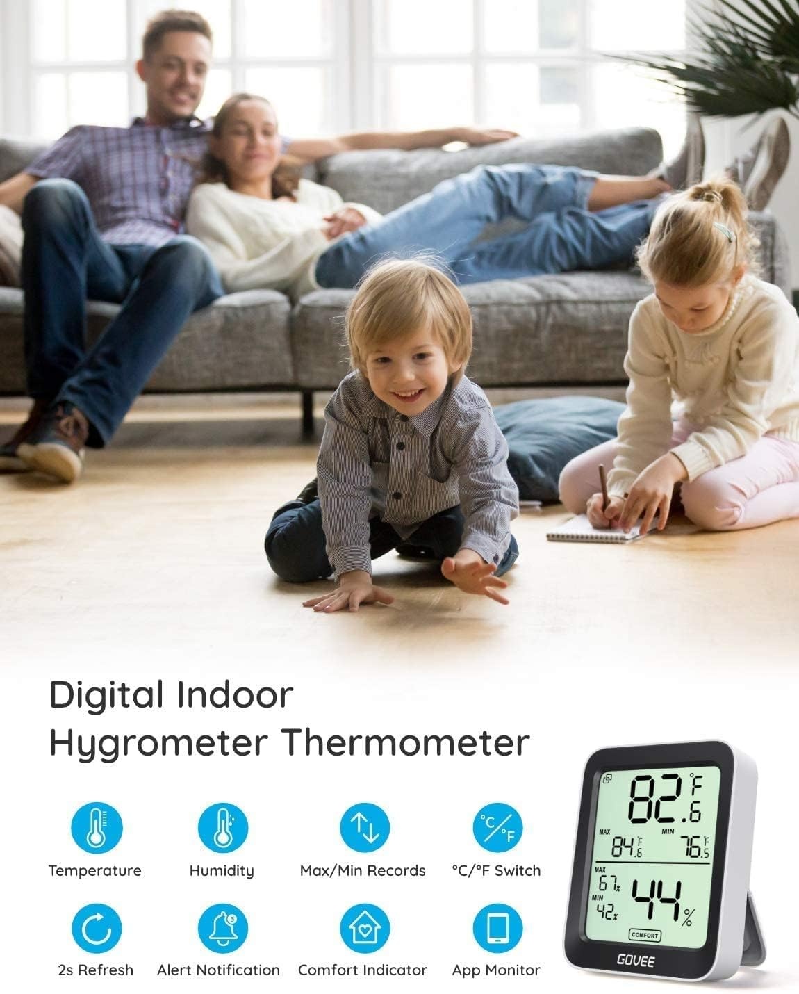 image:imageGovee Bluetooth Hygrometer Thermometer Large LCD MaxMin Records 2Year Data Storage Black 2 PackBlack