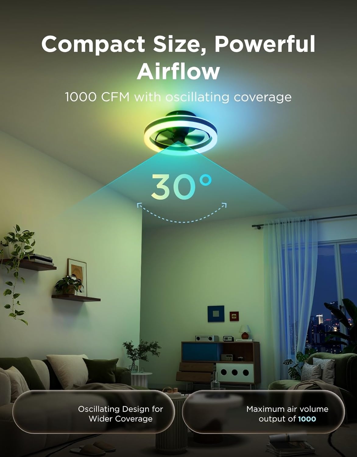 image:imageGovee Ceiling Fan with Lights 20 RGBIC Oscillating Flush Mount Bladeless Ceiling Fans with Lights and Remote 12 Speeds Reversible DC Motor 3100lm Low Profile Ceiling Fan for Bedroom Living Room