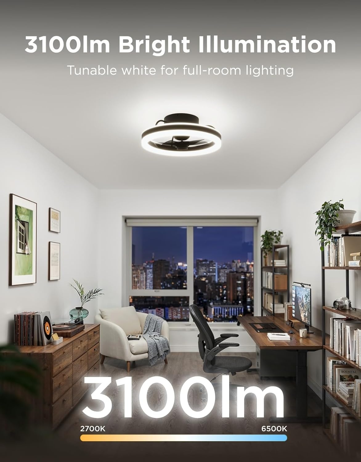 image:imageGovee Ceiling Fan with Lights 20 RGBIC Oscillating Flush Mount Bladeless Ceiling Fans with Lights and Remote 12 Speeds Reversible DC Motor 3100lm Low Profile Ceiling Fan for Bedroom Living Room