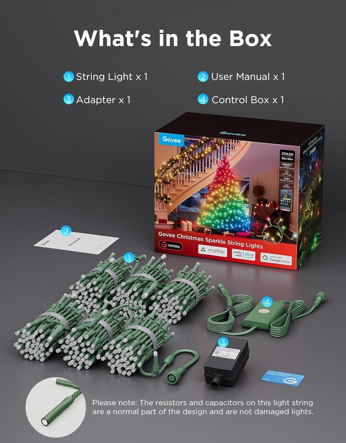 imageGovee Christmas Sparkle String Lights 66ft RGBWIC String Lights with 250 BulletHead LEDs AppControlled 140 Scene Modes 3D Shape Mapping Works with SmartThings Indoor Holiday Decorations99ft