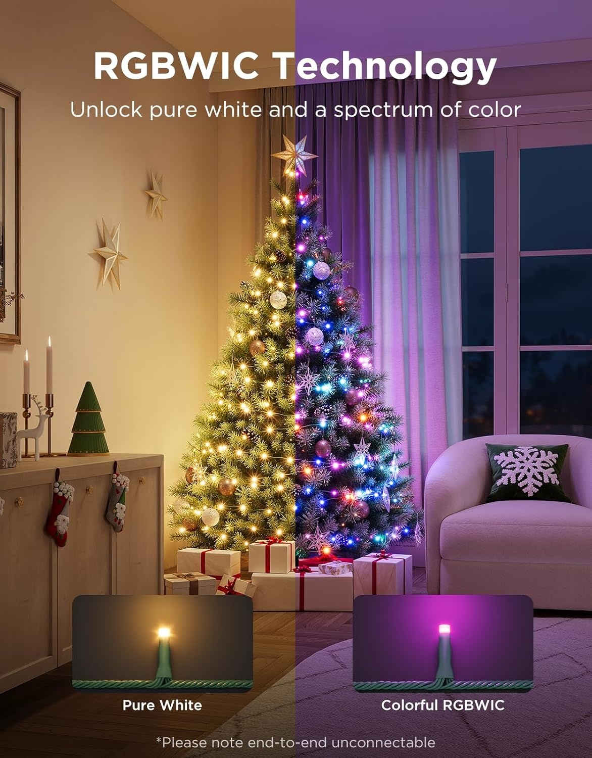 imageGovee Christmas Sparkle String Lights 66ft RGBWIC String Lights with 250 BulletHead LEDs AppControlled 140 Scene Modes 3D Shape Mapping Works with SmartThings Indoor Holiday Decorations66ft