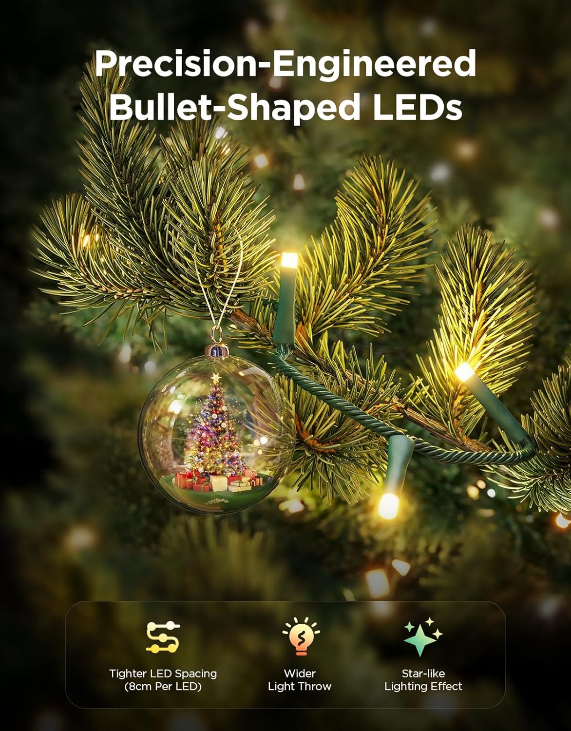 imageGovee Christmas Sparkle String Lights 66ft RGBWIC String Lights with 250 BulletHead LEDs AppControlled 140 Scene Modes 3D Shape Mapping Works with SmartThings Indoor Holiday Decorations66ft