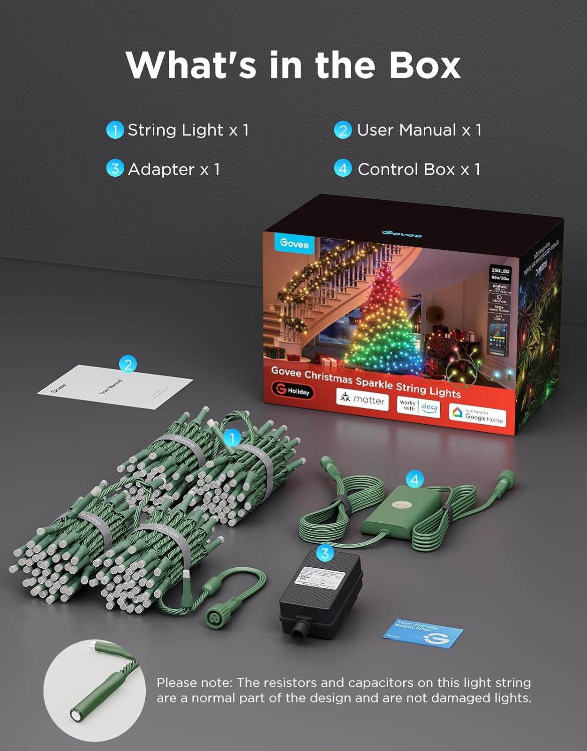 imageGovee Christmas Sparkle String Lights 66ft RGBWIC String Lights with 250 BulletHead LEDs AppControlled 140 Scene Modes 3D Shape Mapping Works with SmartThings Indoor Holiday Decorations66ft