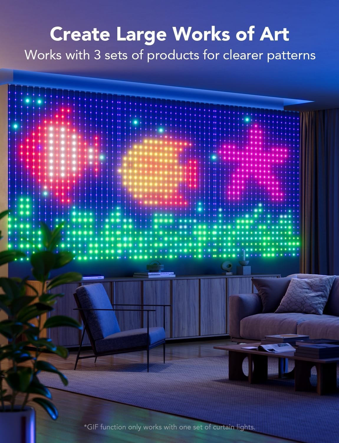 imageGovee Curtain Lights Smart LED Color Changing Wall Lights Dynamic DIY Curtain String Lights for Bedroom Living Room Holiday Decor Outdoor IP65 Waterproof49x66ft 520 RGBIC LED1