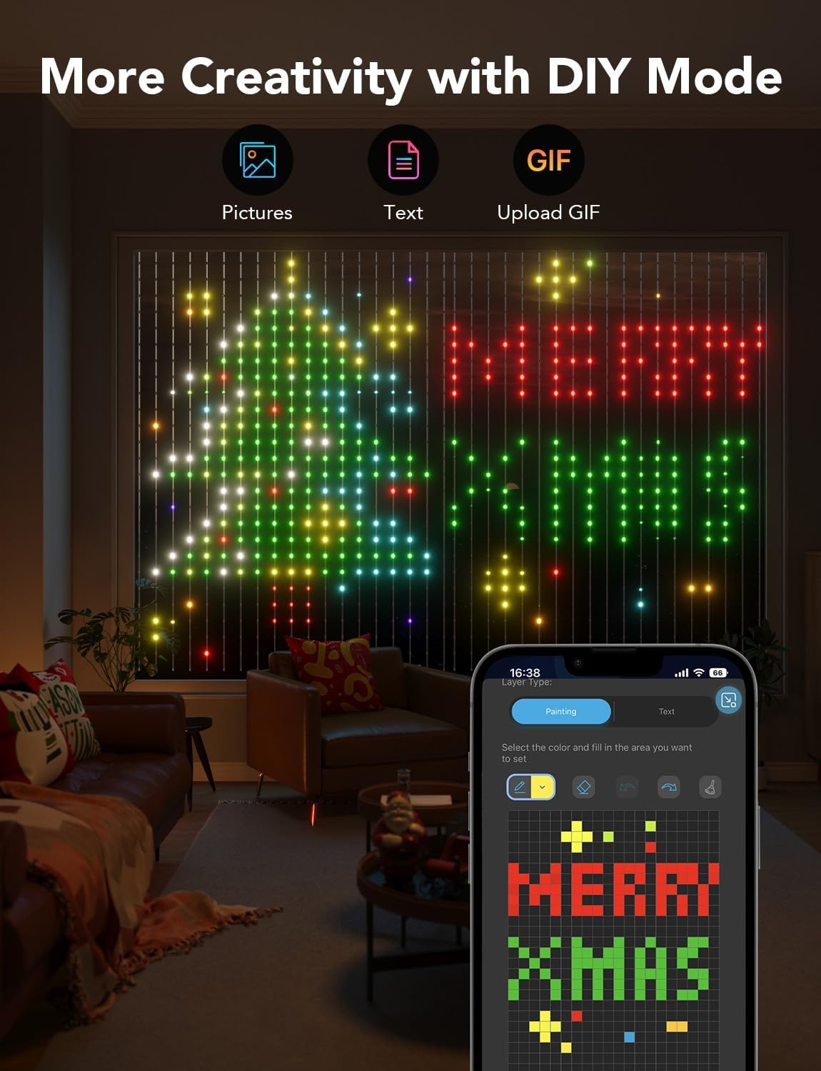 imageGovee Curtain Lights Smart LED Color Changing Wall Lights Dynamic DIY Curtain String Lights for Bedroom Living Room Holiday Decor Outdoor IP65 Waterproof49x66ft 520 RGBIC LED1