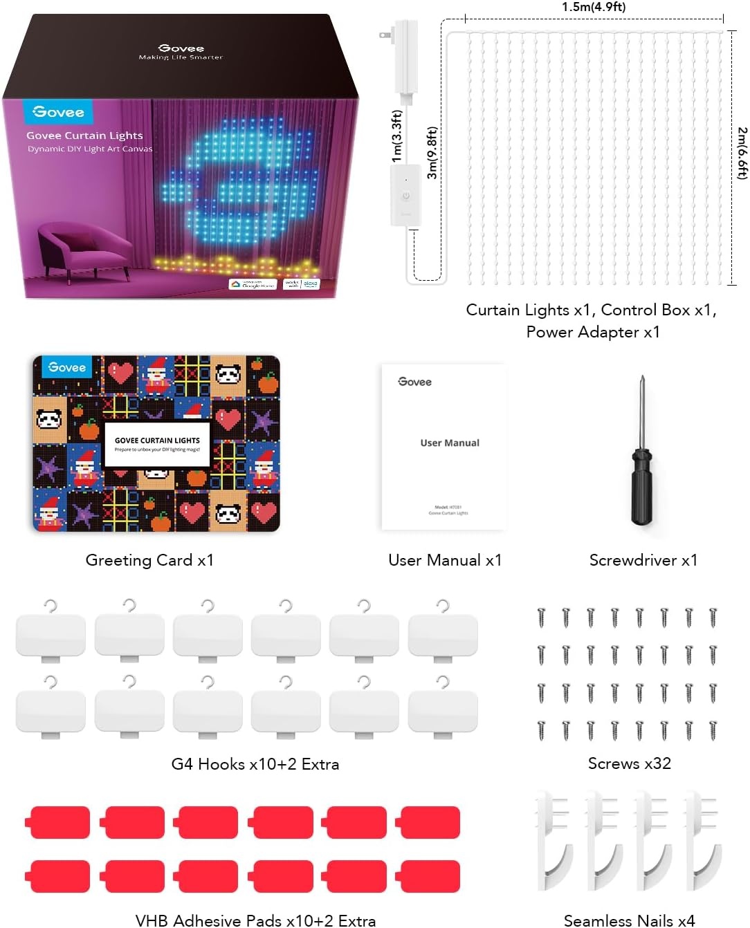 imageGovee Curtain Lights Smart LED Color Changing Wall Lights Dynamic DIY Curtain String Lights for Bedroom Living Room Holiday Decor Outdoor IP65 Waterproof49x66ft 520 RGBIC LED1