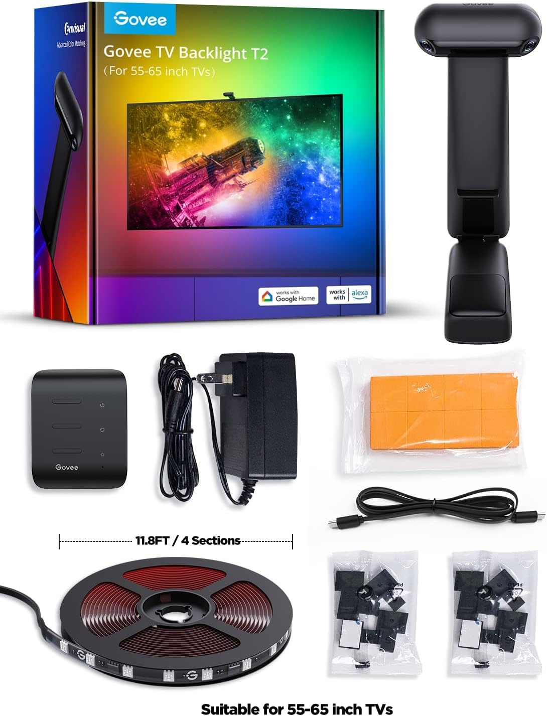 image:imageGovee Envisual TV LED Backlight T2 with Dual Cameras 118ft RGBIC WiFi LED Strip Lights for 5565 inch TVs Double Strip Light Beads for Home Decorations Smart App Control Music Sync118FT for 5565 TV