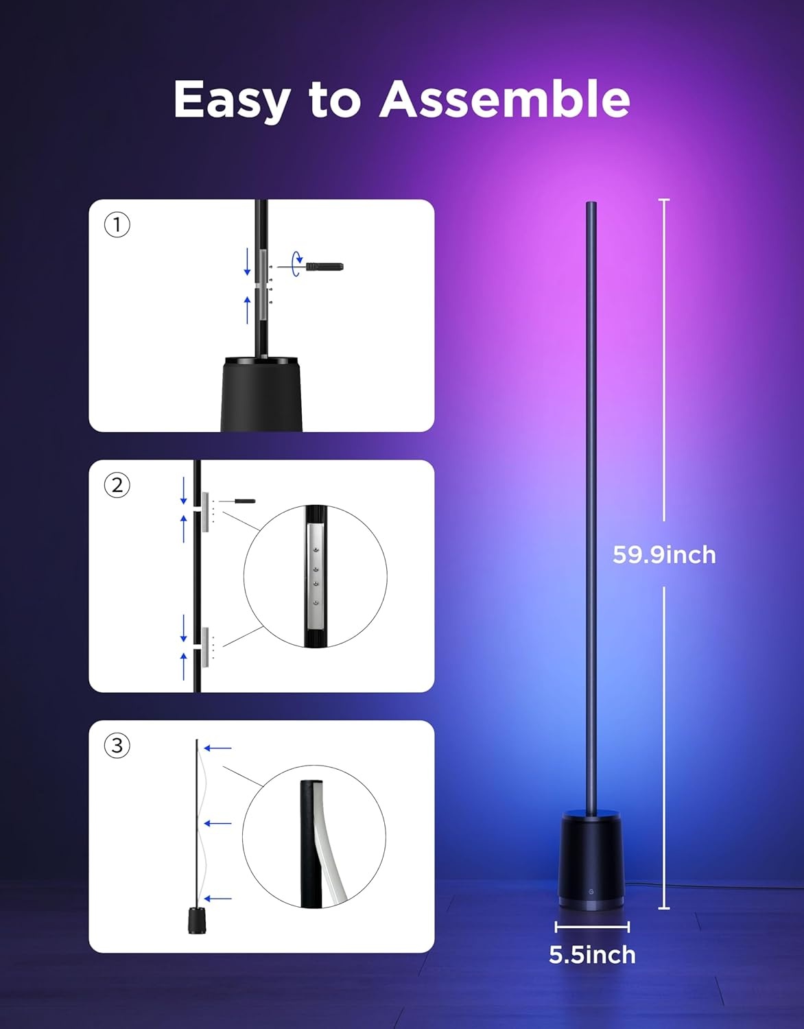 image:imageGovee Floor Lamp 3 Lite Smart RGBIC LED Corner Lamp Compatible with Alexa SmartThings Matter 1400lm Dimmable Color Changing Tall Standing Light with Music Sync for Living Room Bedroom Gaming Room