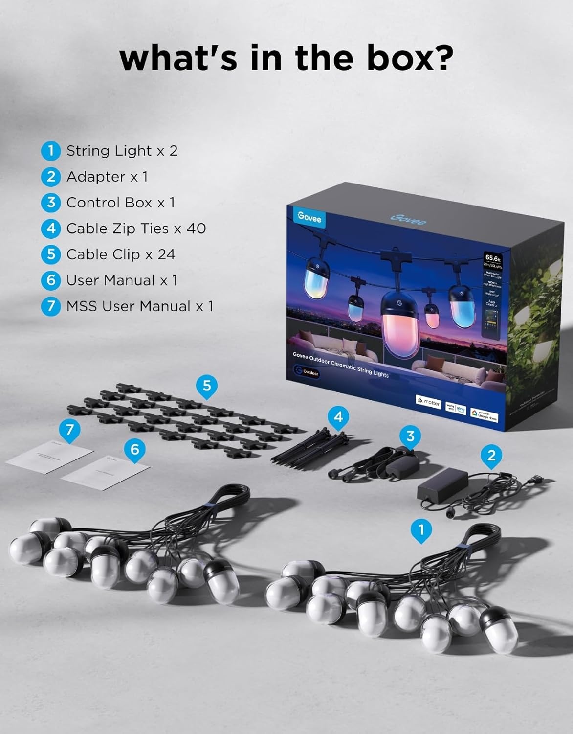 image:imageGovee Outdoor Chromatic String Lights 656ft RGBIC Outdoor Lights 55 RGB LEDs per Bulb UniIC Control 111 Scenes IP67 Waterproof String lights compatible with Alexa Google Matter App Control656ft