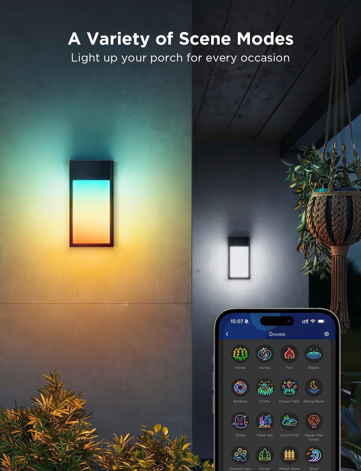 imageGovee Outdoor Wall Light 2 Pack 1500LM Smart RGBIC Porch Lights Outdoor with 45 Scene Modes IP65 Waterproof for Outdoor Decor Patio DIY Wall Sconce Works with Alexa Google Assistant and Matter2